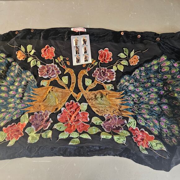 Boho Burnout Velvet Peacock Embroidered Kimono Shawl Wrap Fringe One Size - Picture 8 of 9